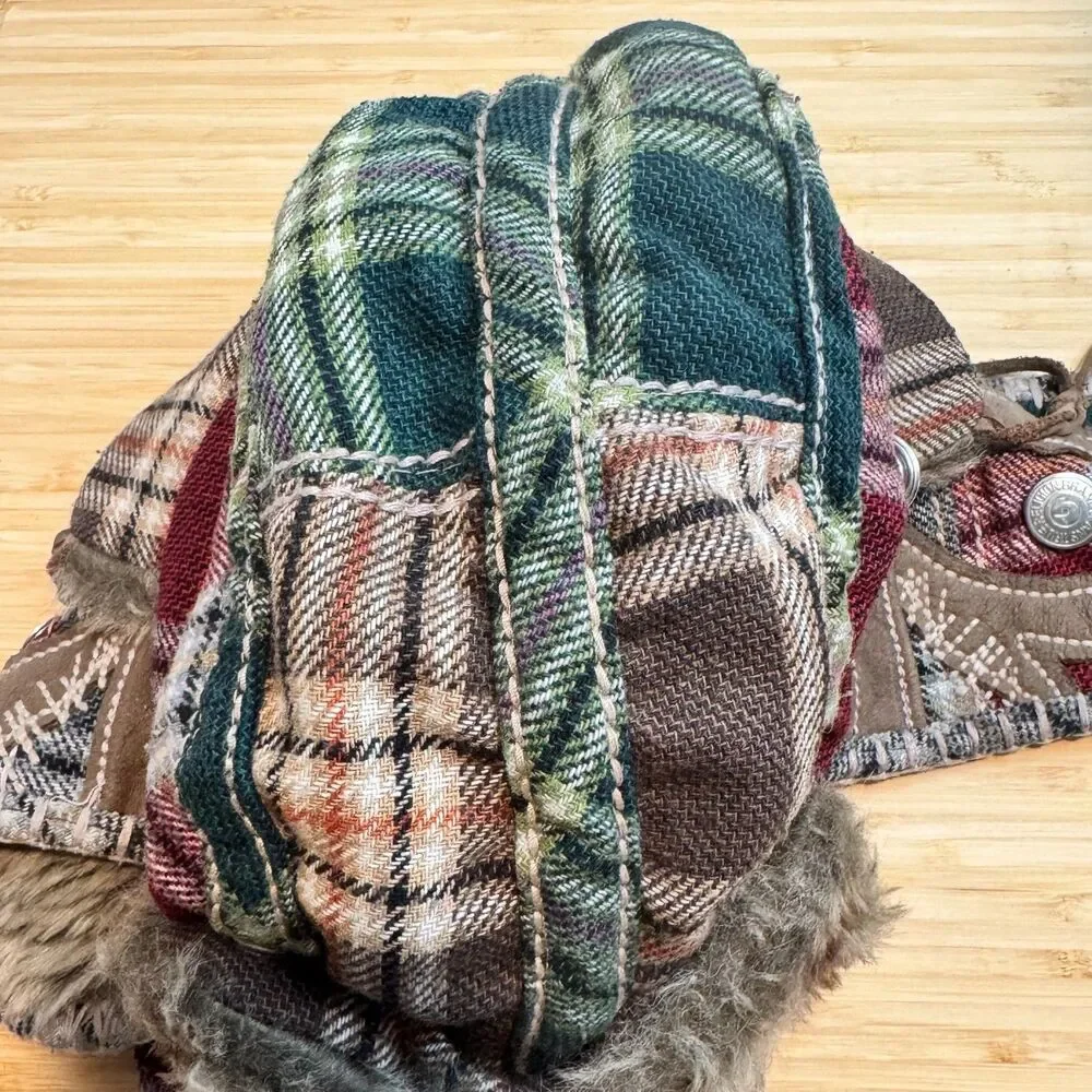 Vintage Y2K True Religion Patchwork Plaid Faux Fur Trapper Aviator Hat OS